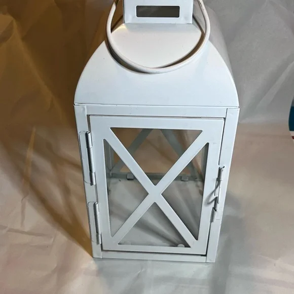 METAL and glass white lantern with handle indoor/outdoor 12” tall holiday decor. - Picture 8 of 9